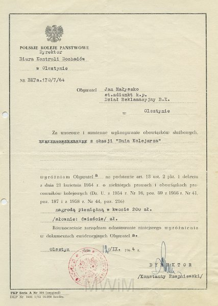 KKE 5619.jpg - Dok. Premia finansowa z okazji Dnia Kolejarza wystawiona przez Polskie Koleje Państwowe w Olsztynie dla Jana Małyszko, Olsztyn, 12 IX 1964 r.